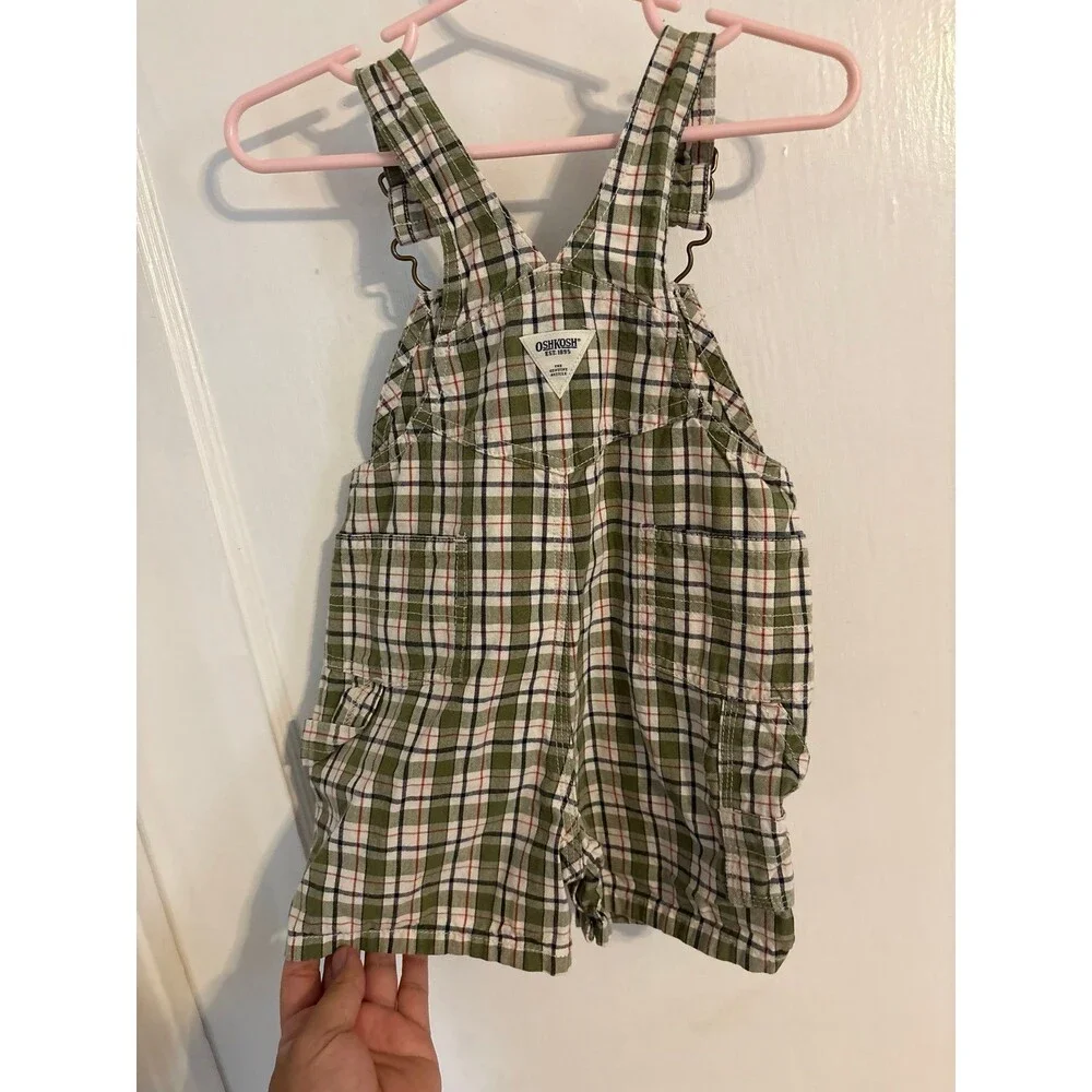 OshKosh Green Plaid Short Overalls Size 6/9 M 100% cotton